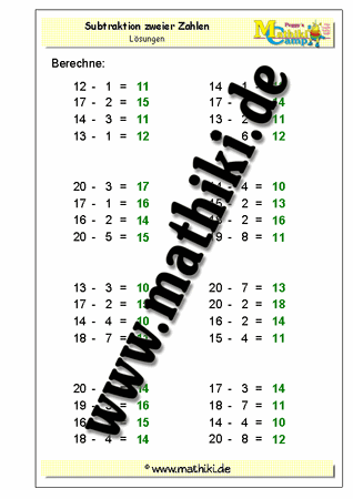 Subtraktion bis 20 ohne Übergang - ©2011-2018, www.mathiki.de