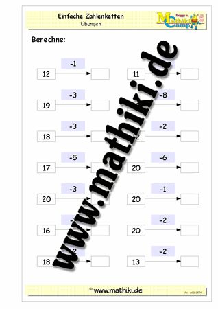 Zahlenketten Subtraktion bis 20 ohne Übergang - ©2011-2018, www.mathiki.de
