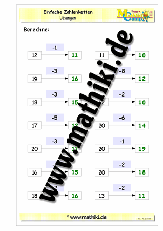 Zahlenketten Subtraktion bis 20 ohne Übergang - ©2011-2018, www.mathiki.de