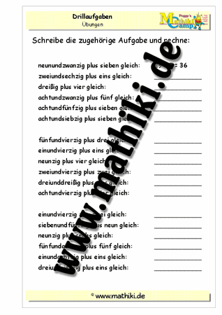 Drillaufgaben: Addition in Worten (ZE + E) gemischt bis 100 - ©2011-2016, www.mathiki.de - Ihre Matheseite im Internet