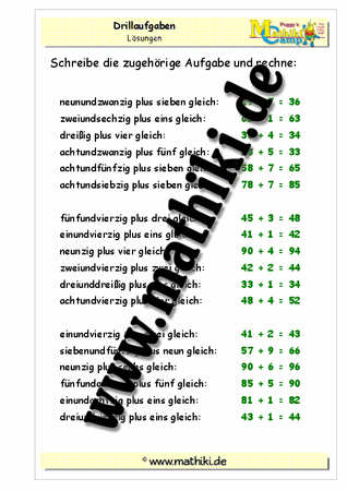 Drillaufgaben: Addition in Worten (ZE + E) gemischt bis 100 - ©2011-2016, www.mathiki.de - Ihre Matheseite im Internet