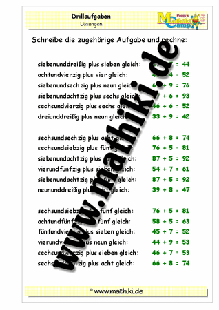 Drillaufgaben: Addition in Worten (ZE + E) mit Zehnerübergang bis 100 - ©2011-2016, www.mathiki.de - Ihre Matheseite im Internet