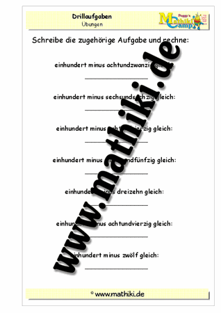 Drillaufgaben: Subtraktion in Worten (100 − ZE) gemischt bis 100 - ©2011-2016, www.mathiki.de - Ihre Matheseite im Internet