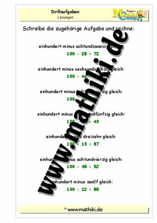 Drillaufgaben: Subtraktion in Worten (100 − ZE) gemischt bis 100 - ©2011-2016, www.mathiki.de - Ihre Matheseite im Internet