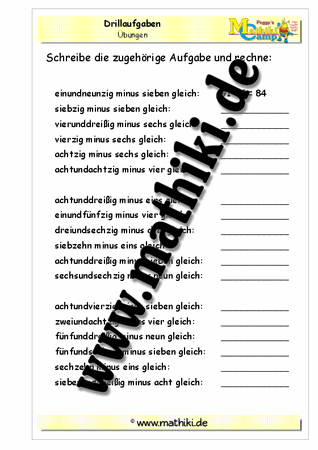 Drillaufgaben: Subtraktion in Worten (ZE − E) gemischt bis 100 - ©2011-2016, www.mathiki.de - Ihre Matheseite im Internet