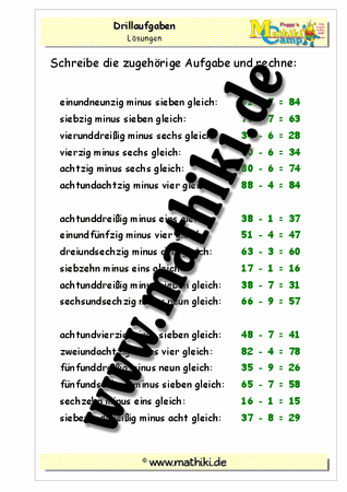 Drillaufgaben: Subtraktion in Worten (ZE − E) gemischt bis 100 - ©2011-2016, www.mathiki.de - Ihre Matheseite im Internet