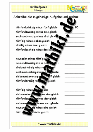 Drillaufgaben: Subtraktion in Worten (ZE − E) ohne Zehnerübergang bis 100 - ©2011-2016, www.mathiki.de - Ihre Matheseite im Internet