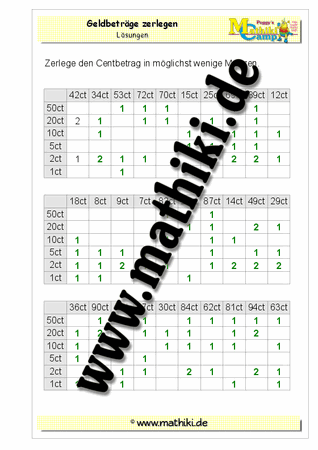 Geldbeträge zerlegen (2): Cent - ©2011-2016, www.mathiki.de - Ihre Matheseite im Internet