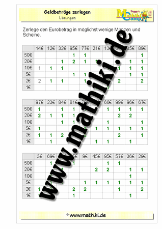 Geldbeträge zerlegen (2): Euro - ©2011-2016, www.mathiki.de - Ihre Matheseite im Internet