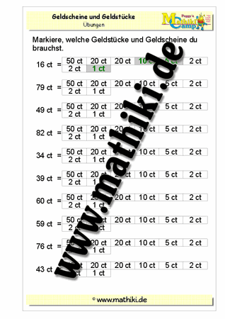 Geldbeträge zerlegen (1): Cent - ©2011-2016, www.mathiki.de - Ihre Matheseite im Internet
