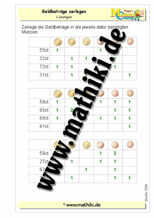 Geldbeträge zerlegen bis 100 Cent - ©2011-2016, www.mathiki.de - Ihre Matheseite im Internet