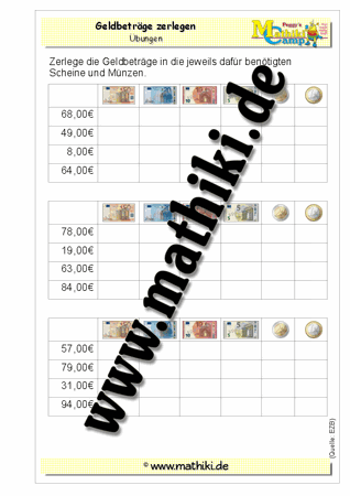 Geldbeträge zerlegen bis 100 Euro - ©2011-2016, www.mathiki.de - Ihre Matheseite im Internet