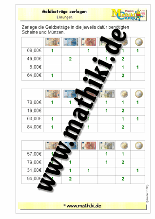 Geldbeträge zerlegen bis 100 Euro - ©2011-2016, www.mathiki.de - Ihre Matheseite im Internet