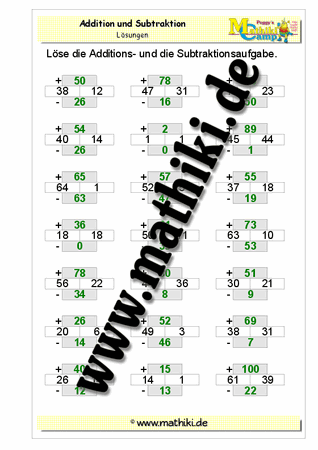 Addition und Subtraktion bis 100 - ©2011-2016, www.mathiki.de - Ihre Matheseite im Internet