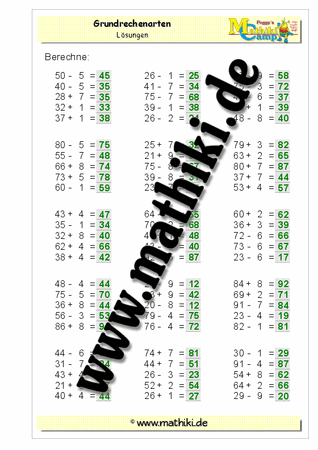 Grundrechenarten ZE mit E bis 100 - ©2011-2016, www.mathiki.de - Ihre Matheseite im Internet