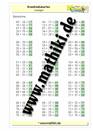 Grundrechenarten ZE mit ZE bis 100 - ©2011-2016, www.mathiki.de - Ihre Matheseite im Internet