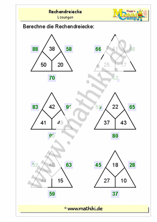 Rechendreiecke Addition bis 100 (Klasse 2) - ©2011-2019, www.mathiki.de