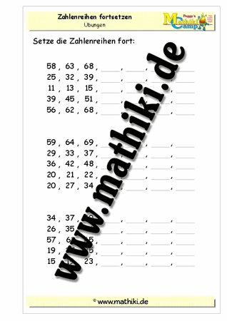 Zahlenreihen fortsetzen bis 100 - ©2011-2016, www.mathiki.de - Ihre Matheseite im Internet