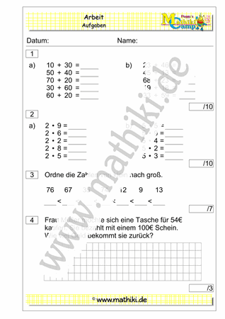 1. Klassenarbeit Mathe (Klasse 2) - ©2011-2019, www.mathiki.de