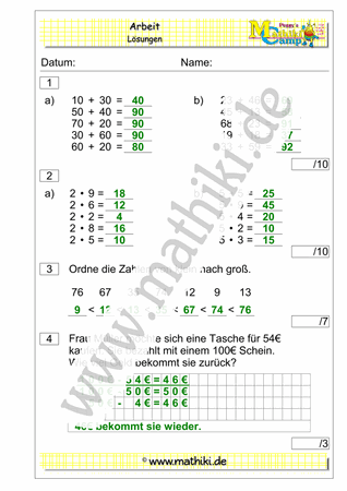 1. Klassenarbeit Mathe (Klasse 2) - ©2011-2019, www.mathiki.de
