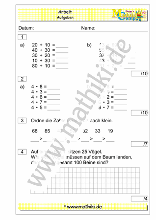 2. Klassenarbeit Mathe (Klasse 2) - ©2011-2019, www.mathiki.de