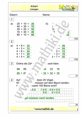 2. Klassenarbeit Mathe (Klasse 2) - ©2011-2019, www.mathiki.de