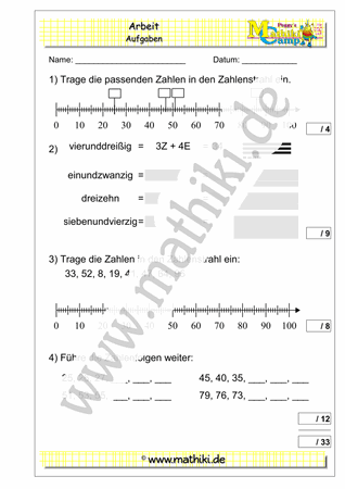 3. Klassenarbeit Mathe (Klasse 2) - ©2011-2019, www.mathiki.de