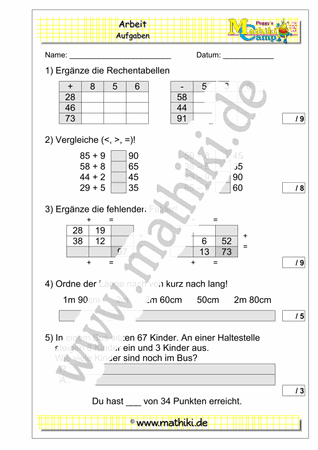 7. Klassenarbeit Mathe (Klasse 2) - ©2011-2019, www.mathiki.de