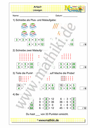 8. Klassenarbeit Mathe (Klasse 2) - ©2011-2019, www.mathiki.de
