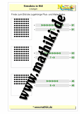 Einmaleins im Bild mit 9 - ©2011-2016, www.mathiki.de - Ihre Matheseite im Internet