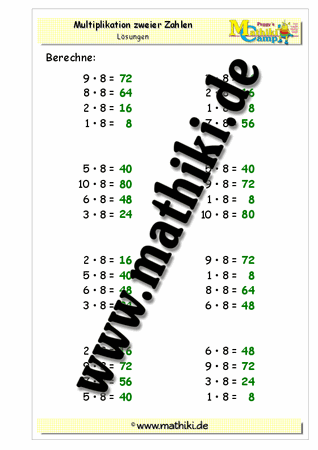 Einmaleins mit 8 - ©2011-2016, www.mathiki.de - Ihre Matheseite im Internet