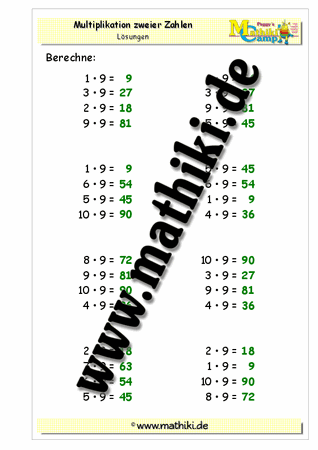 Einmaleins mit 9 - ©2011-2016, www.mathiki.de - Ihre Matheseite im Internet