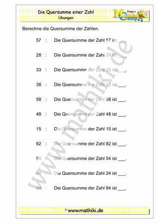 Quersumme berechnen bis 100 (Klasse 2) - ©2018, www.mathiki.de