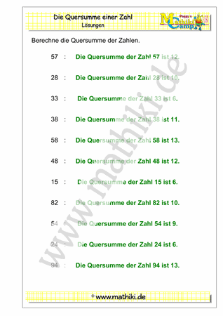 Quersumme berechnen bis 100 (Klasse 2) - ©2018, www.mathiki.de