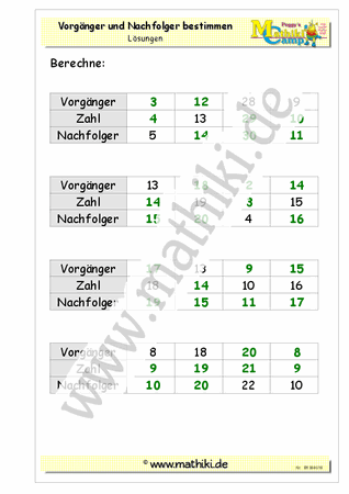 Vorgänger / Nachfolger bis 100 (Klasse 2) - ©2011-2019, www.mathiki.de