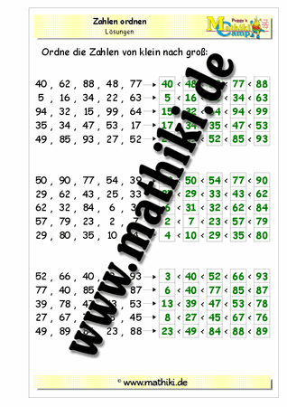 Zahlen ordnen bis 100 - ©2011-2016, www.mathiki.de