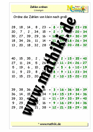Zahlen ordnen bis 40 - ©2011-2016, www.mathiki.de