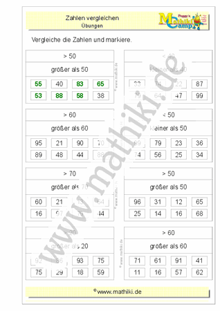 Zahlen vergleichen bis 100 (II) (Klasse 2) - ©2011-2019, www.mathiki.de