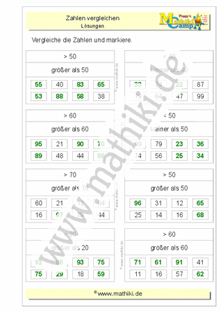 Zahlen vergleichen bis 100 (II) (Klasse 2) - ©2011-2019, www.mathiki.de