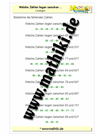 Welche Zahlen liegen zwischen ... bis 100 - ©2011-2016, www.mathiki.de
