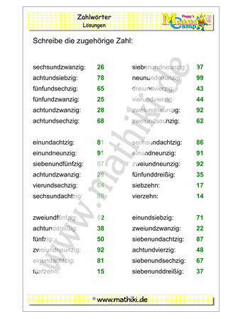 Zahlwörter bis 100 (Klasse 2) - ©2018, www.mathiki.de