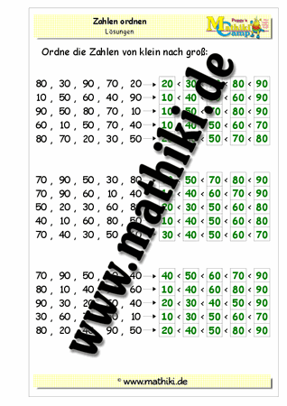 Zehnerzahlen ordnen bis 100 - ©2011-2016, www.mathiki.de