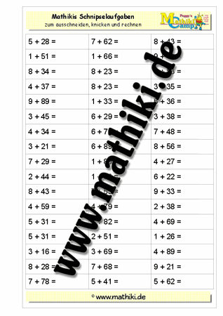 Schnipselaufgaben: Addition E + ZE bis 100 - ©2011-2016, www.mathiki.de - Ihre Matheseite im Internet