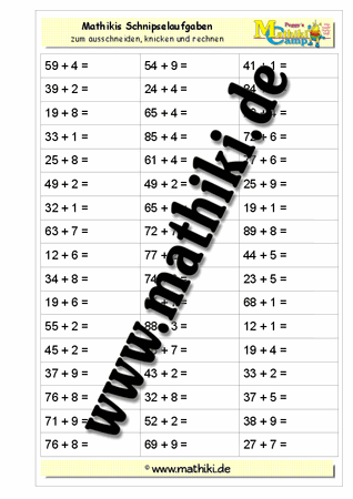 Schnipselaufgaben: Addition ZE + E bis 100 - ©2011-2016, www.mathiki.de - Ihre Matheseite im Internet