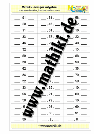 Schnipselaufgaben: Nachbarzahlen bis 100 - ©2011-2016, www.mathiki.de - Ihre Matheseite im Internet