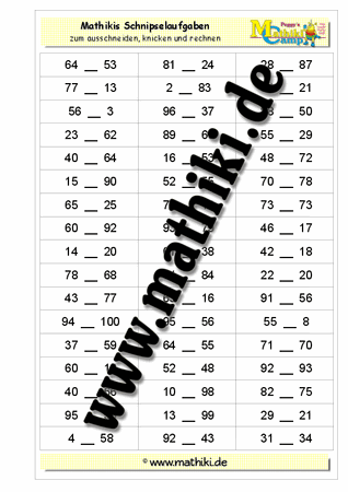 Schnipselaufgaben: Zahlen vergleichen bis 100 - ©2011-2016, www.mathiki.de - Ihre Matheseite im Internet