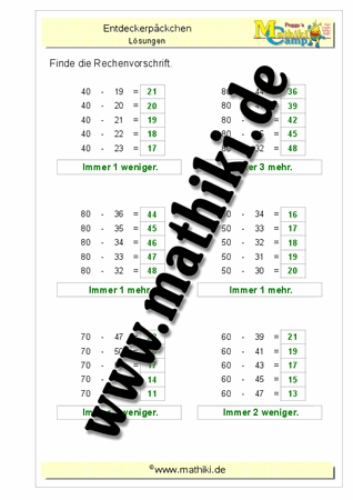 Entdeckerpäckchen Subtraktion bis 100 - ©2016, www.mathiki.de - Ihre Matheseite im Internet