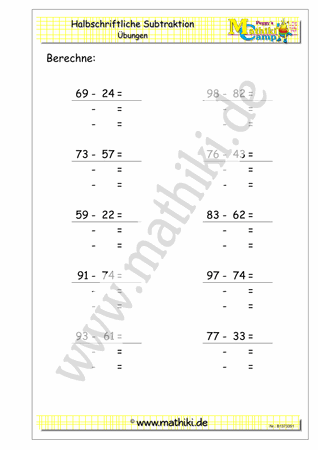 Halbschriftliche Subtraktion bis 100 (Klasse 2) - ©2015, www.mathiki.de