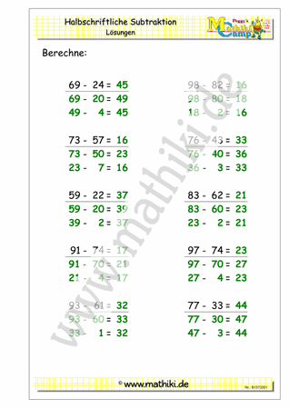 Halbschriftliche Subtraktion bis 100 (Klasse 2) - ©2015, www.mathiki.de