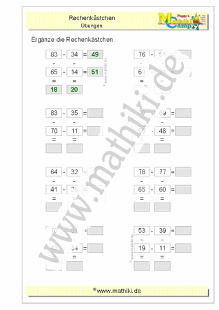 Rechengitter Subtraktion bis 100 - ©2011-2019, www.mathiki.de